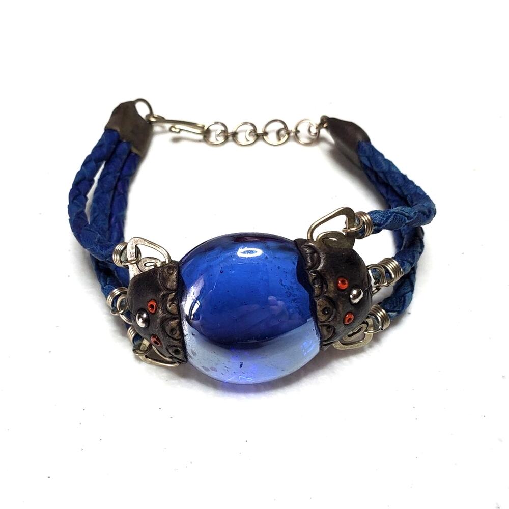 Handcrafted Boho Cabochon Glass Leather Triple Braid Bracelet